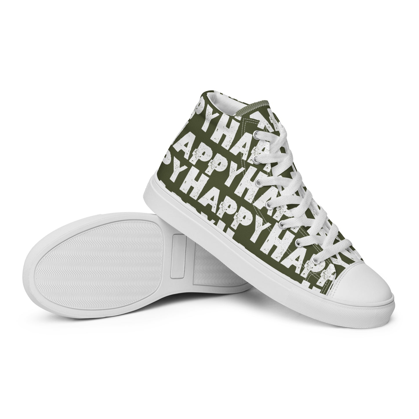 Vintage Shoes style khaki green and white Happy Sponge Print High Tops EVA Rubber Outsole closeup sole view