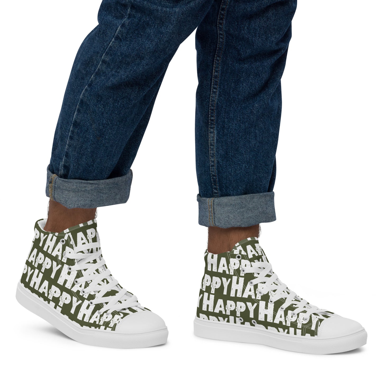 Mans feet wearing quality handmade High Tops right view fun khaki green and white shoes Happy Sponge Printed HappyStuff brand