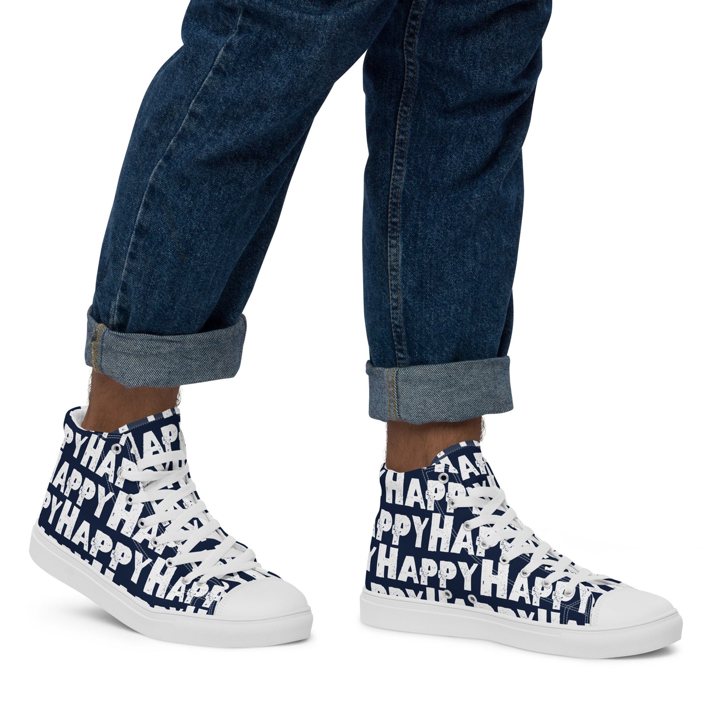 Mans feet wearing quality handmade High Tops right view fun navy blue and white shoes Happy Sponge Printed HappyStuff brand