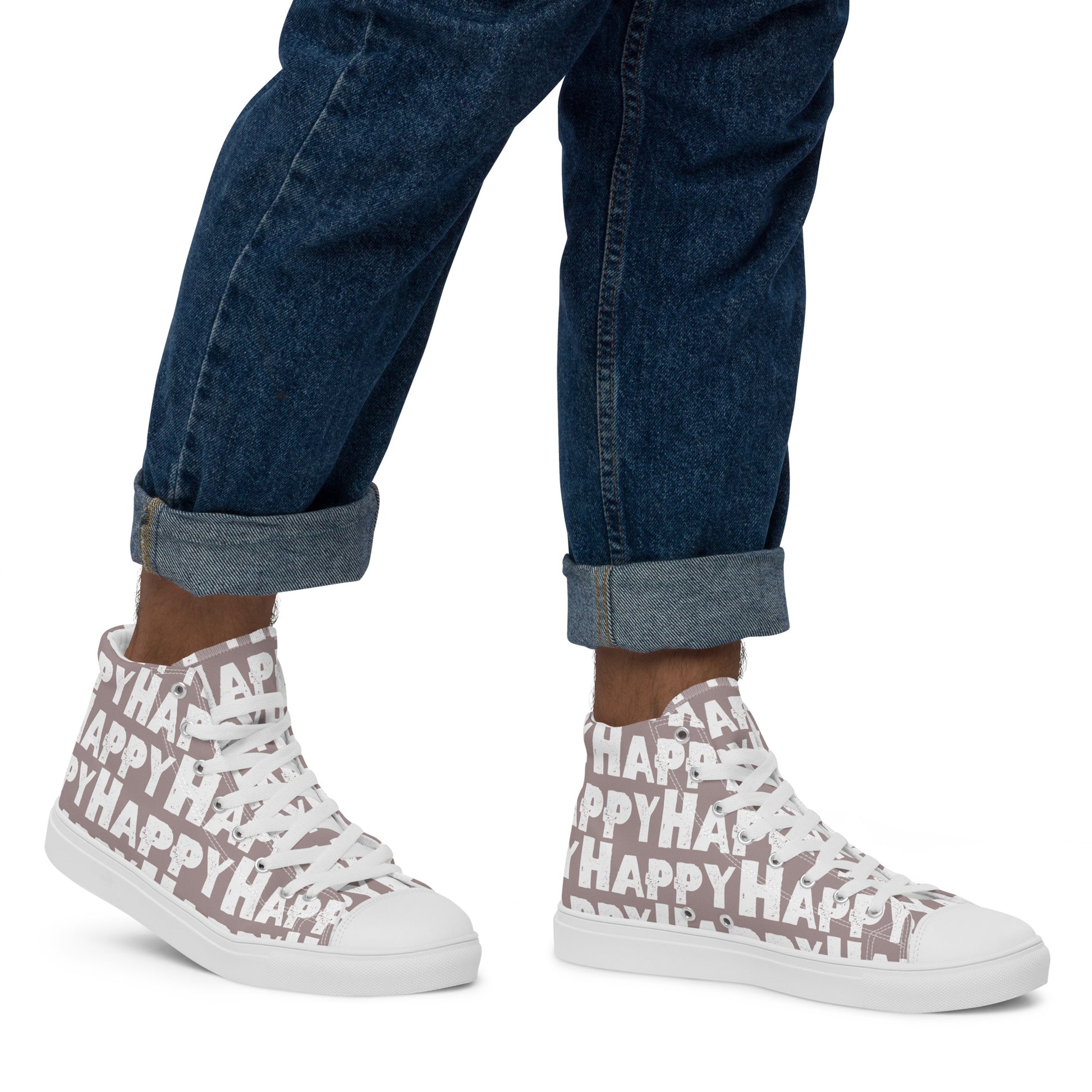 Mans feet wearing quality handmade High Tops right view fun taupe and white shoes Happy Sponge Printed HappyStuff brand