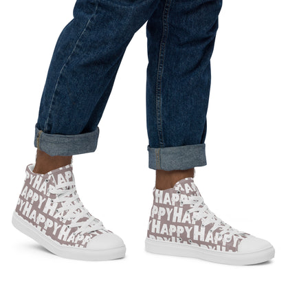 Mans feet wearing quality handmade High Tops right view fun taupe and white shoes Happy Sponge Printed HappyStuff brand