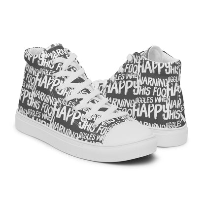 Mens slate grey high tops with playful white print Warning This Foot Jiggles When Happy right shoe front view left shoe back view