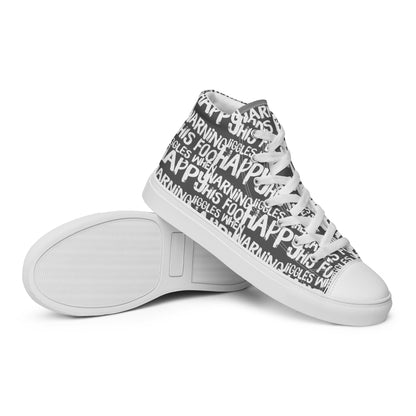 HappyStuff mens slate grey high tops with playful white print Warning This Foot Jiggles When Happy EVA Rubber outsole closeup sole view