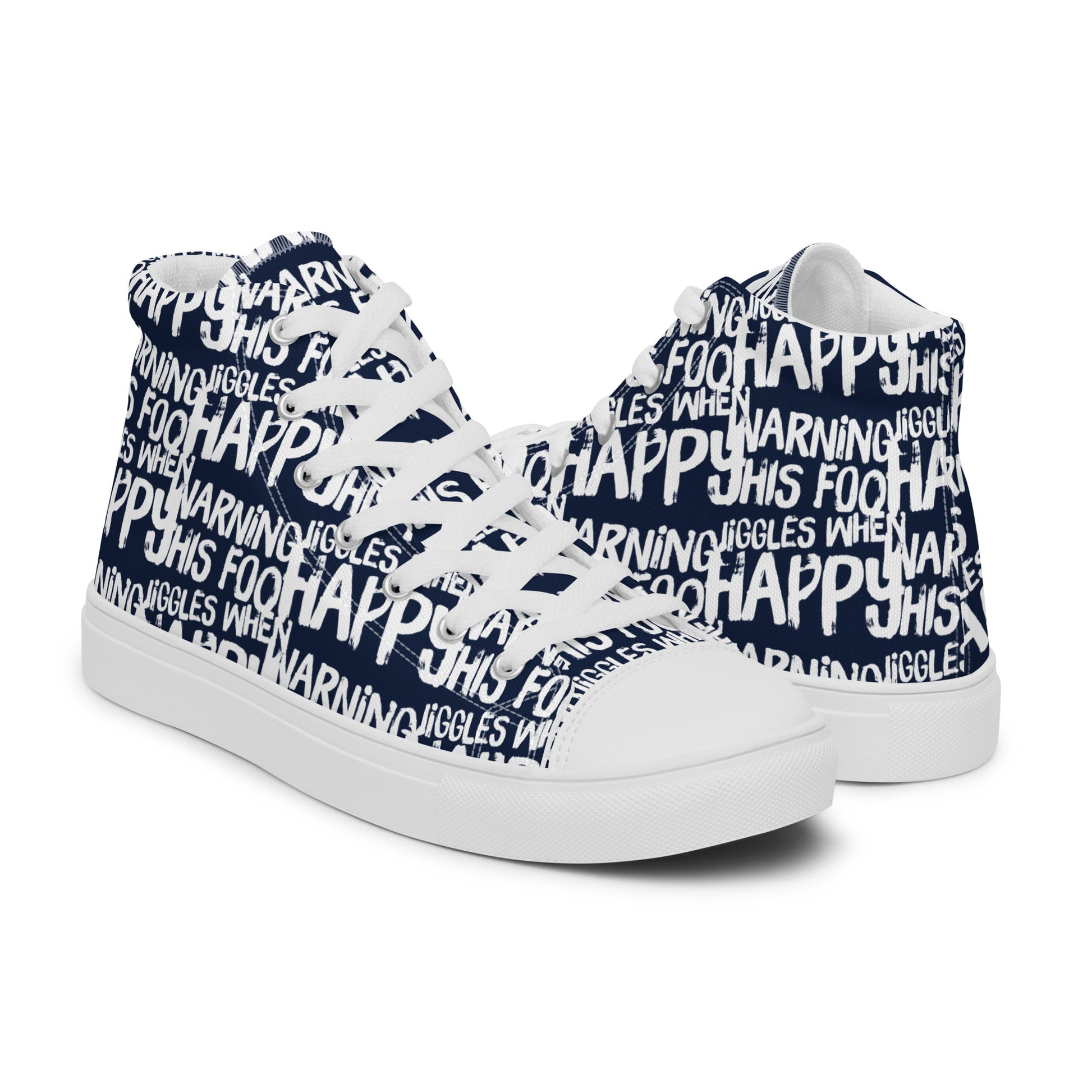 Mens navy blue high tops with playful white print Warning This Foot Jiggles When Happy right shoe front view left shoe back view