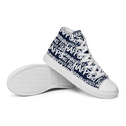 HappyStuff mens navy blue high tops with playful white print Warning This Foot Jiggles When Happy EVA Rubber outsole closeup sole view