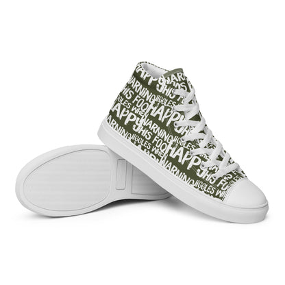 HappyStuff mens khaki green high tops with playful white print Warning This Foot Jiggles When Happy EVA Rubber outsole closeup sole view