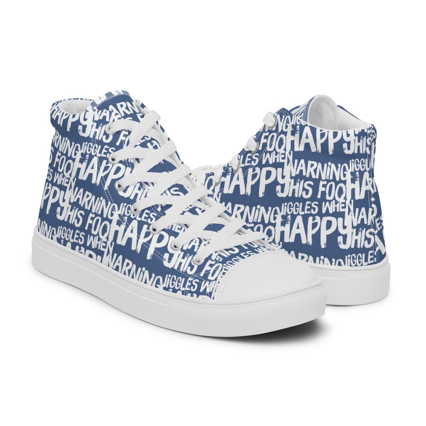 Mens denim blue high tops with playful white print Warning This Foot Jiggles When Happy right shoe front view left shoe back view