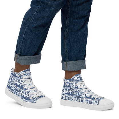 Walking right in mens HappyStuff high tops canvas sneakers edgy print denim blue and white shoes Warning This Foot Jiggles When Happy