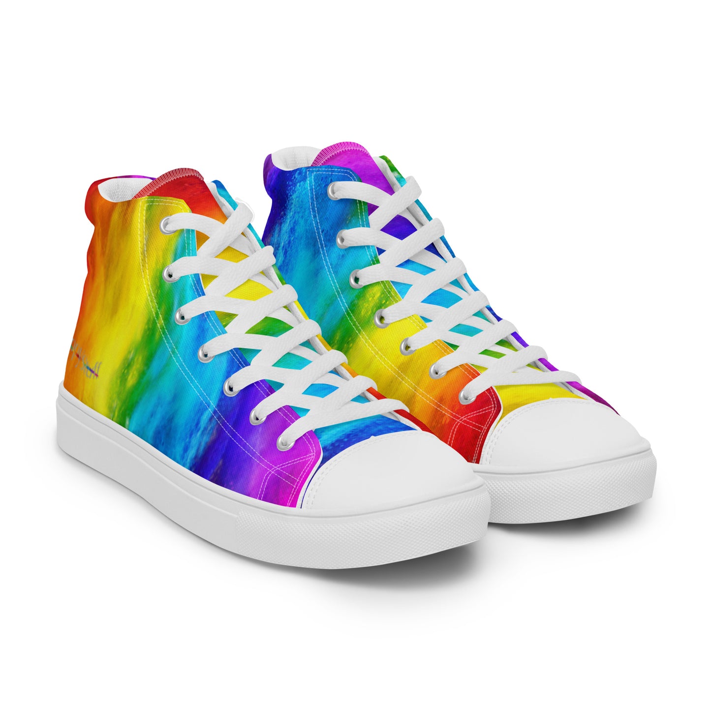 Rainbow shoes front right side view laced up mens sneakers holi colours printed on white high tops HappyStuff happy shoes