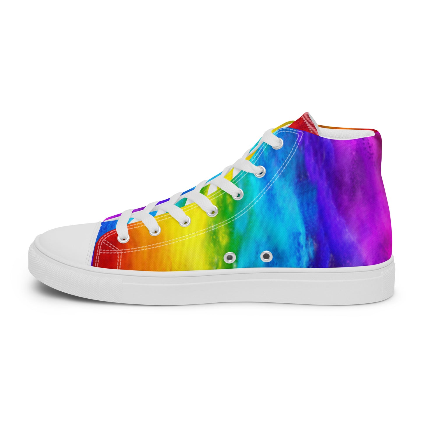 Rainbow shoes holi colours printed on white high tops HappyStuff brand mens high top sneakers right shoe inside view grommets