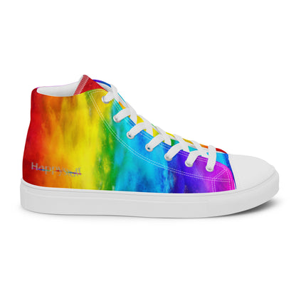 Rainbow shoes outside view of right shoe featuring HappyStuff logo on holi colours printed on white high top sneakers 