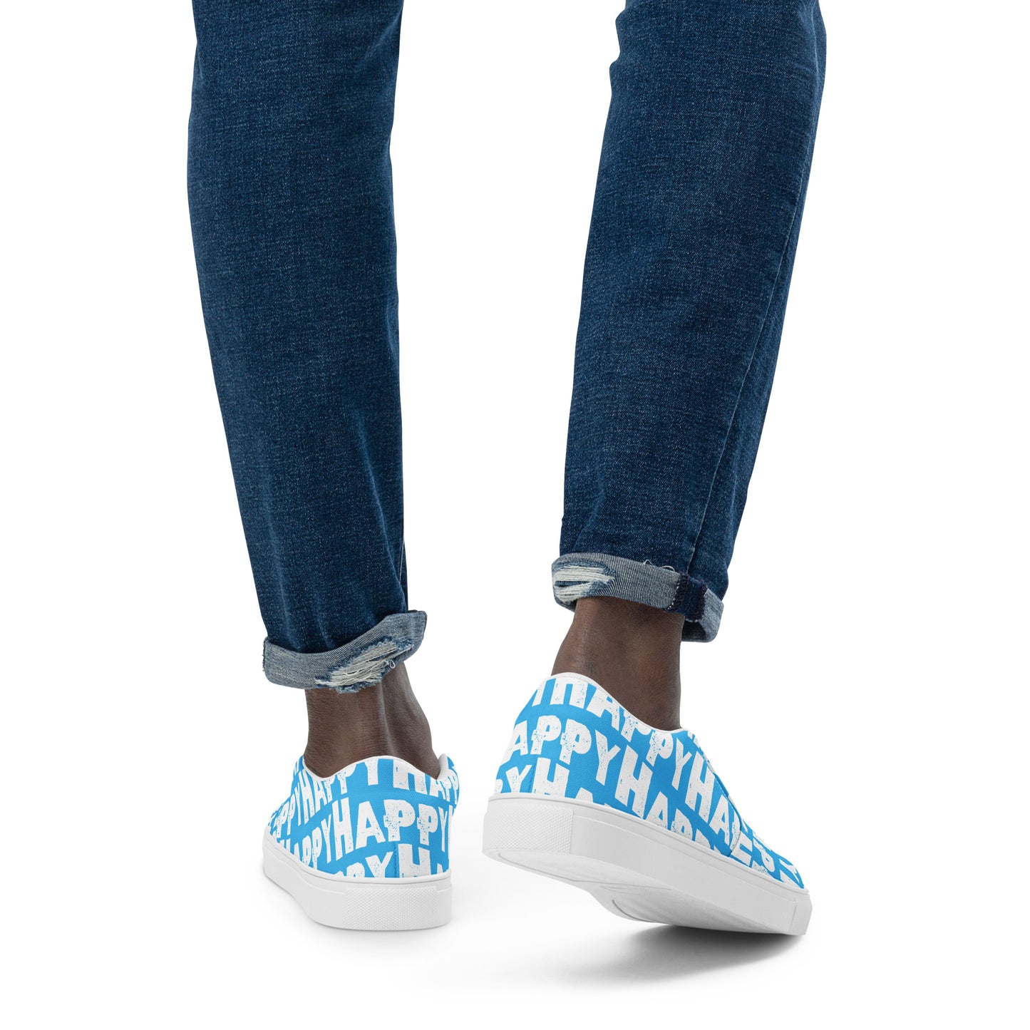 Mans feet wearing quality canvas Deck Shoes fun blue and white shoes Happy Sponge Printed HappyStuff Slip on Shoes