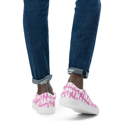 Mans feet wearing quality canvas Deck Shoes fun pink and white shoes Happy Sponge Printed HappyStuff Slip on Shoes