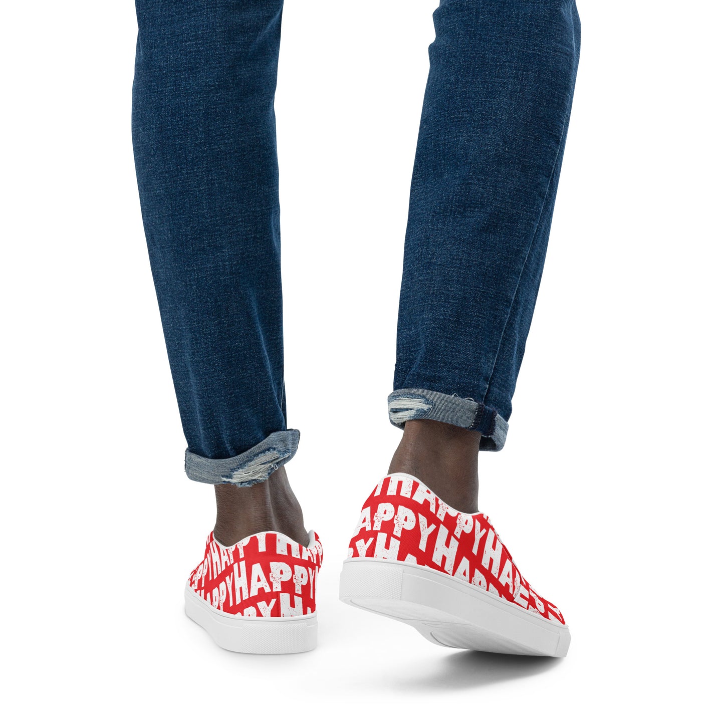 Mans feet wearing quality canvas Deck Shoes fun red and white shoes Happy Sponge Printed HappyStuff Slip on Shoes