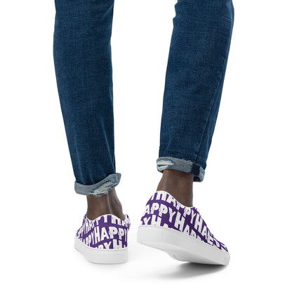 Mans feet wearing quality canvas Deck Shoes fun purple and white shoes Happy Sponge Printed HappyStuff Slip on Shoes