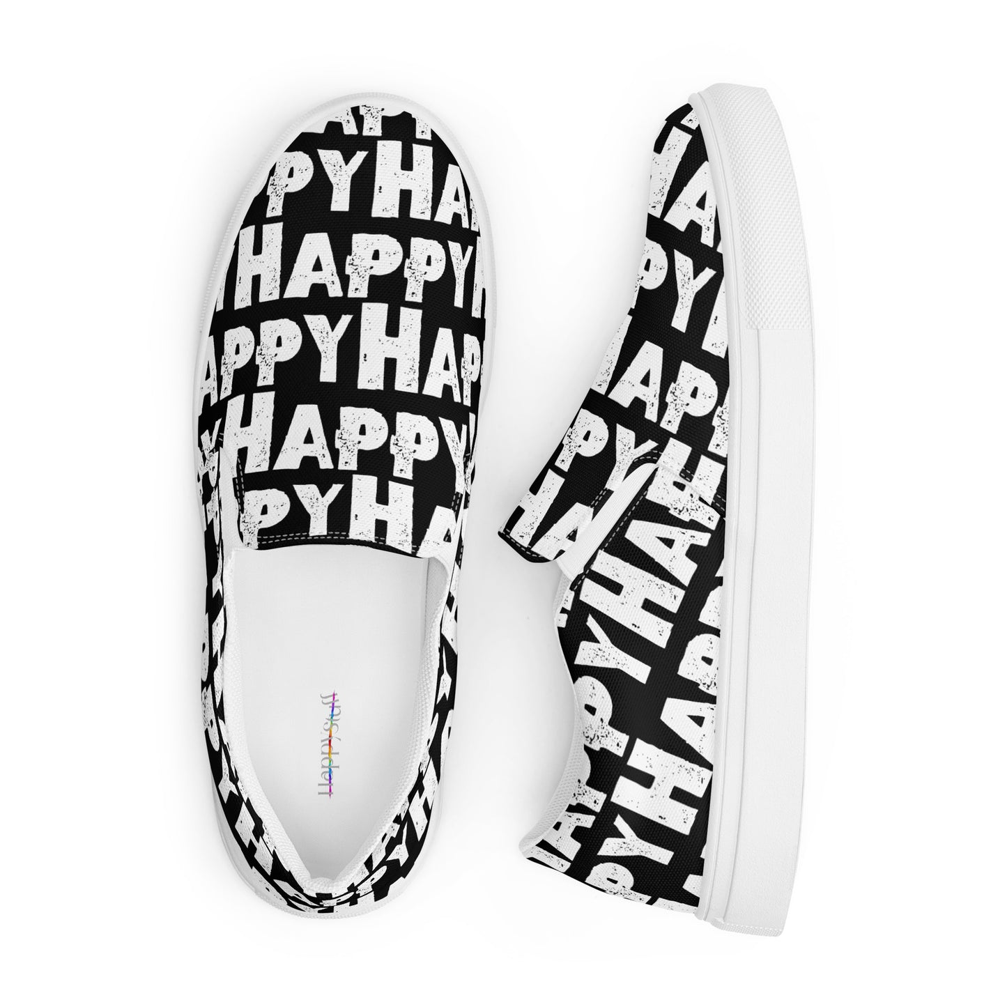 Looking down on Fun Shoes soft insole label view and right side view Mens Sneakers black and white Happy Sponge Print Slip on Shoes HappyStuff brand