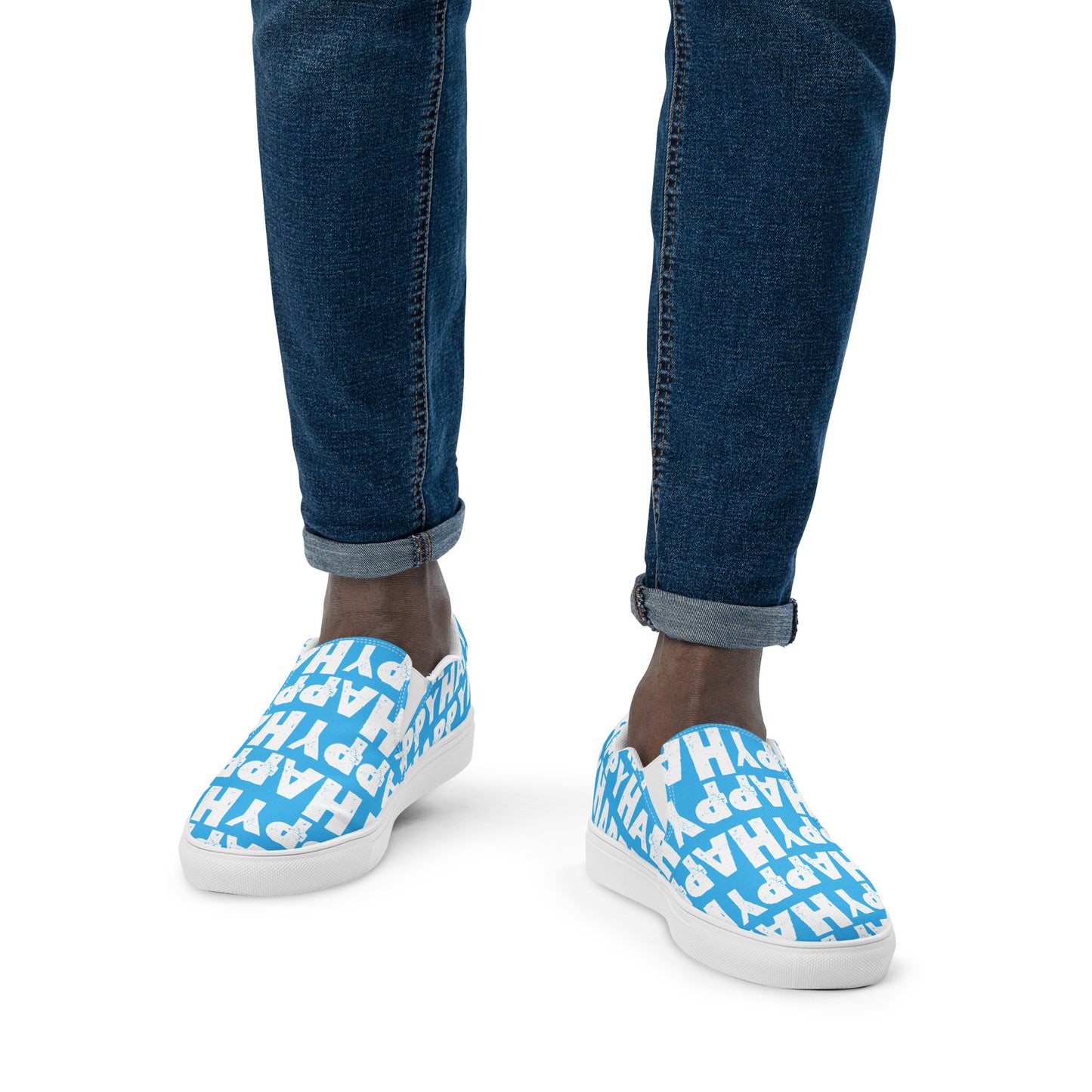 Mans feet wearing quality handmade Deck Shoes front view fun blue and white slip on shoes Happy Sponge Printed HappyStuff brand