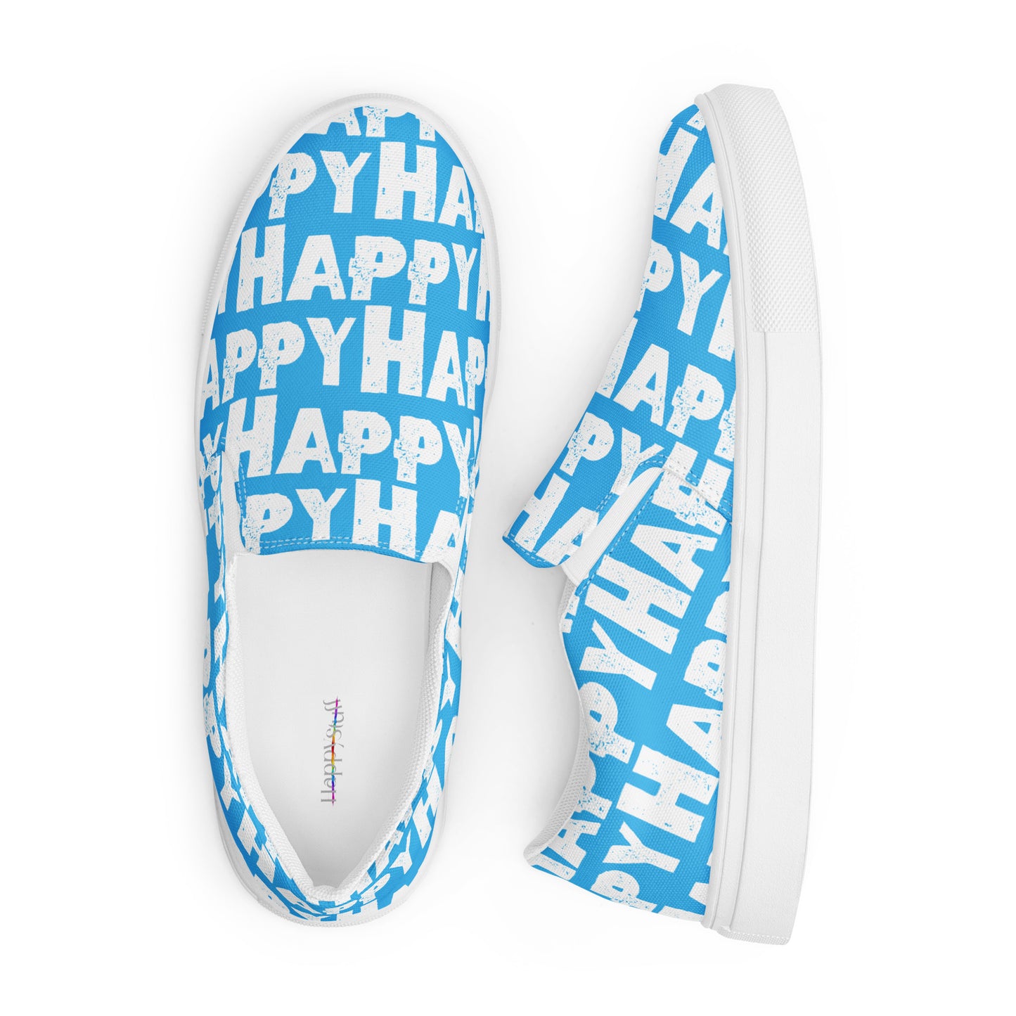 Looking down on Fun Shoes soft insole label view and right side view Mens Sneakers blue and white Happy Sponge Print Slip on Shoes HappyStuff brand