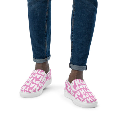 Mans feet wearing quality handmade Deck Shoes front view fun pink and white slip on shoes Happy Sponge Printed HappyStuff brand