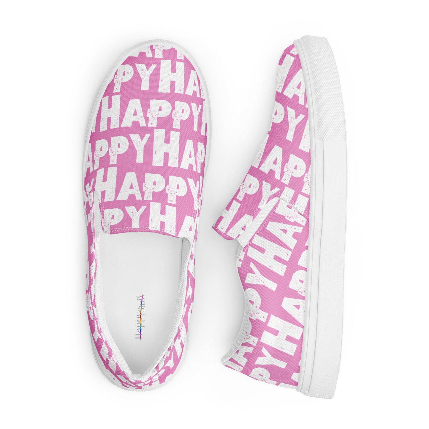 Looking down on Fun Shoes soft insole label view and right side view Mens Sneakers pink and white Happy Sponge Print Slip on Shoes HappyStuff brand