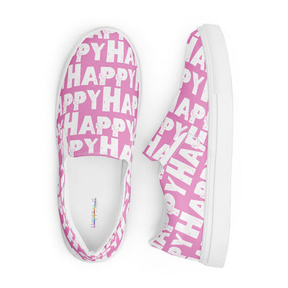 Looking down on Fun Shoes soft insole label view and right side view Mens Sneakers pink and white Happy Sponge Print Slip on Shoes HappyStuff brand