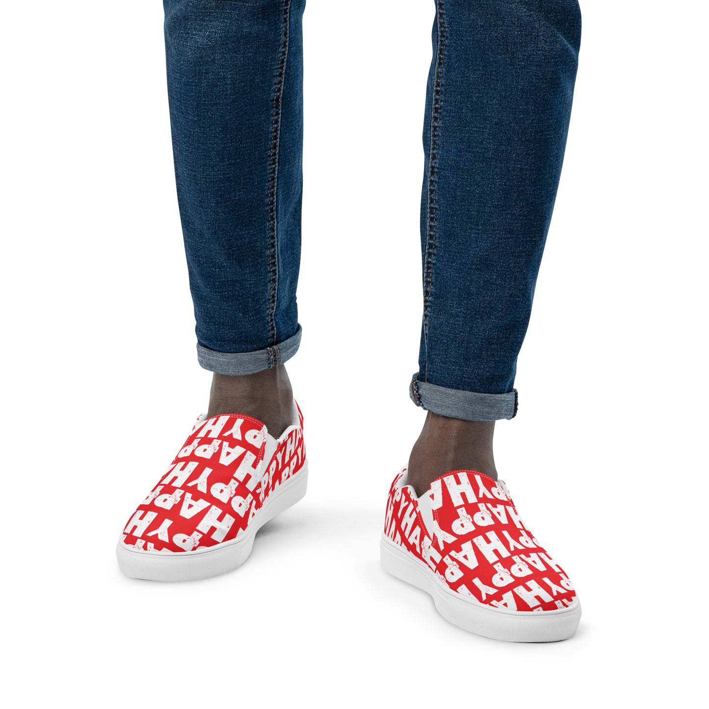 Mans feet wearing quality handmade Deck Shoes front view fun red and white slip on shoes Happy Sponge Printed HappyStuff brand