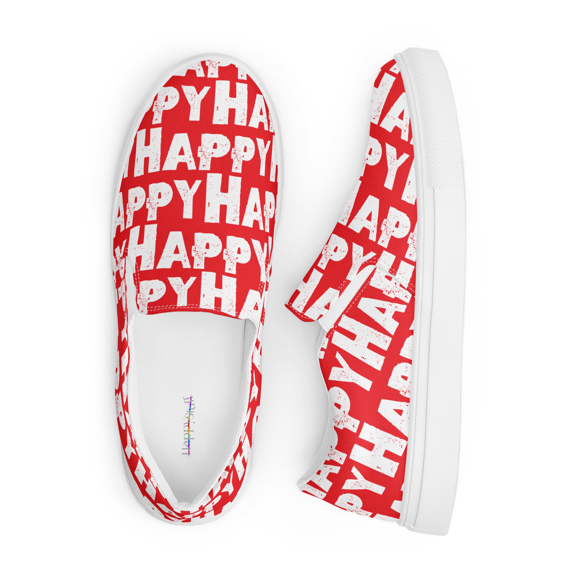 Looking down on Fun Shoes soft insole label view and right side view Mens Sneakers red and white Happy Sponge Print Slip on Shoes HappyStuff brand