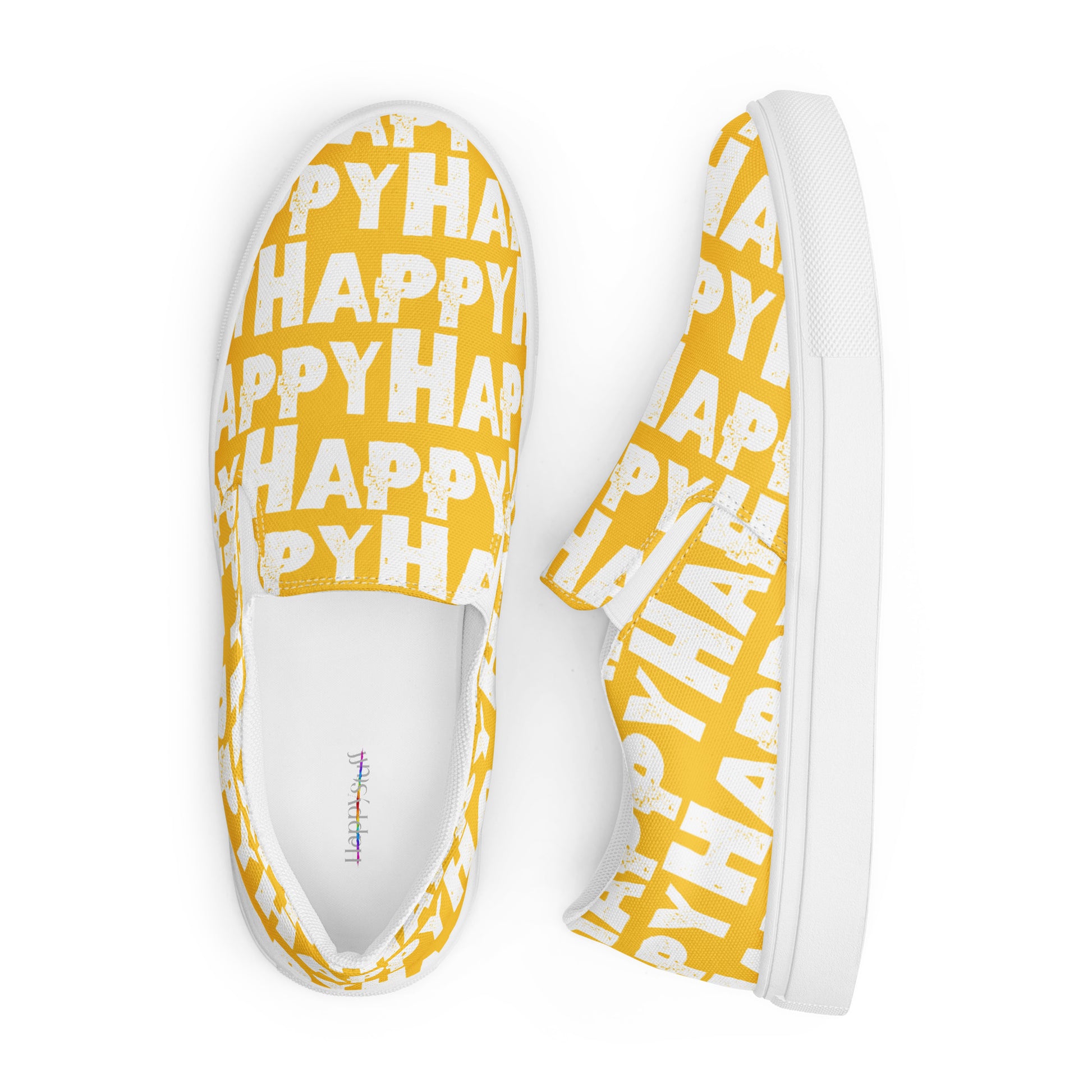 Looking down on Fun Shoes soft insole label view and right side view Mens Sneakers yellow and white Happy Sponge Print Slip on Shoes HappyStuff brand