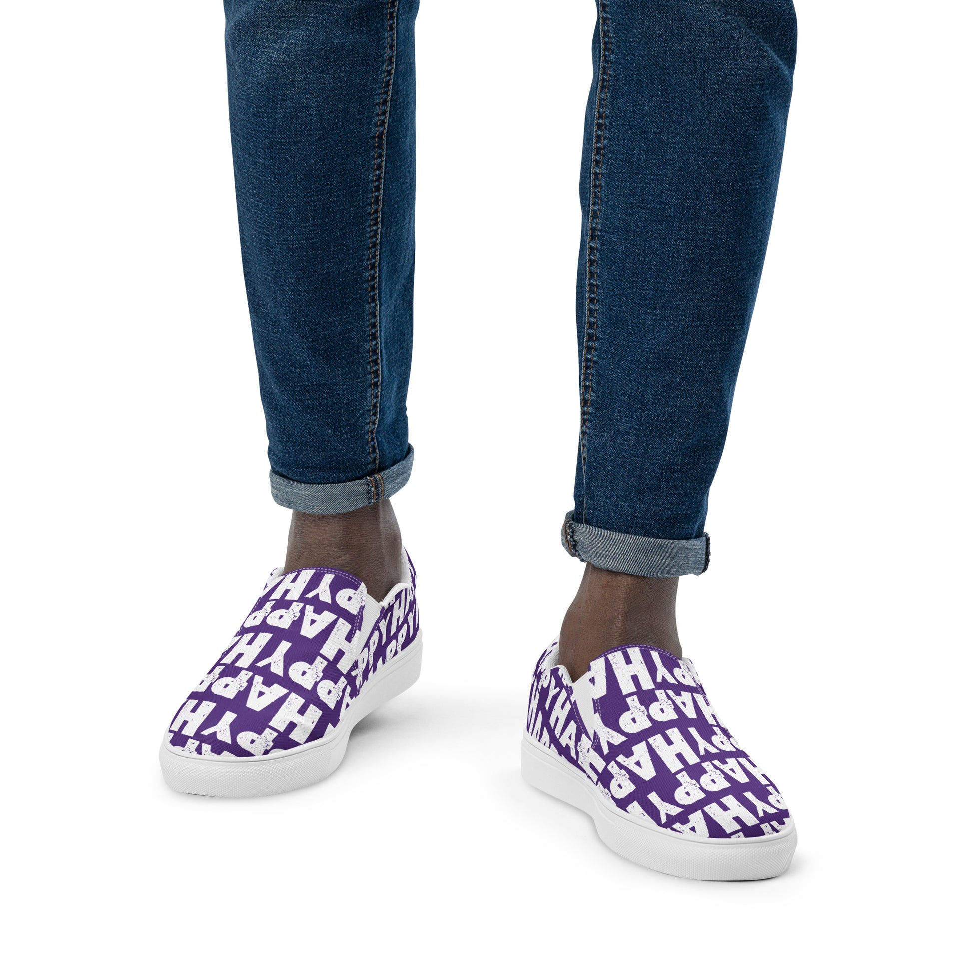 Mans feet wearing quality handmade Deck Shoes front view fun purple and white slip on shoes Happy Sponge Printed HappyStuff brand