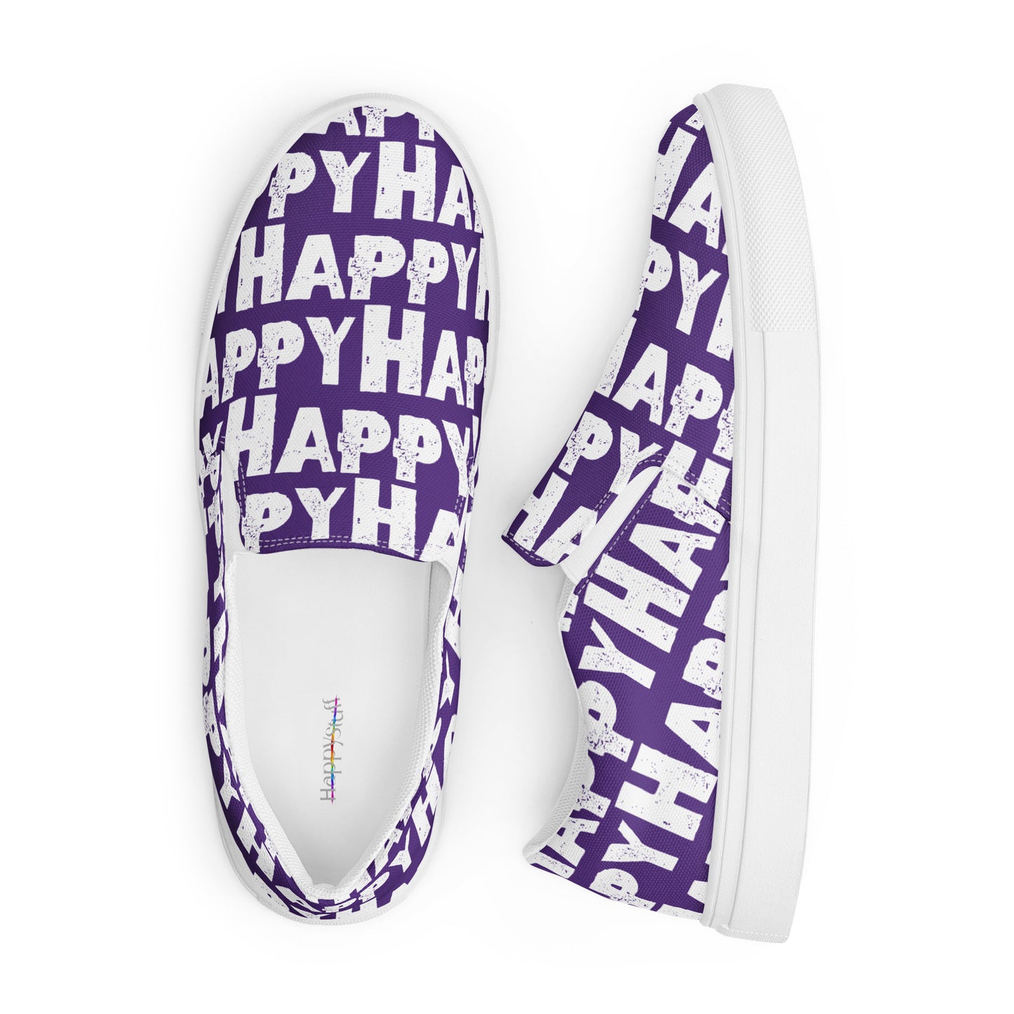 Looking down on Fun Shoes soft insole label view and right side view Mens Sneakers purple and white Happy Sponge Print Slip on Shoes HappyStuff brand