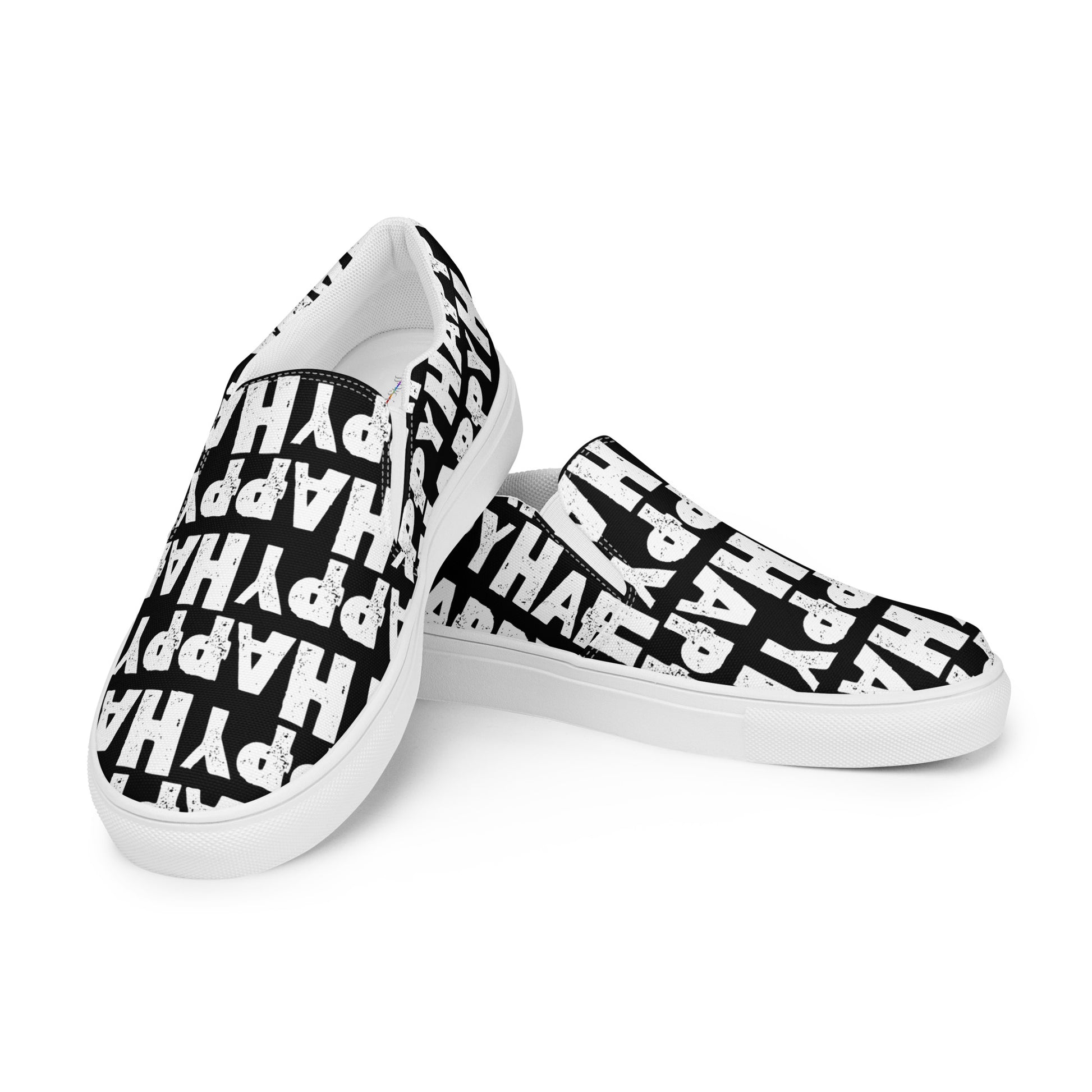 Mens Sneakers right shoe propped on left shoe  black and white Happy Sponge Print Slip on Shoes  