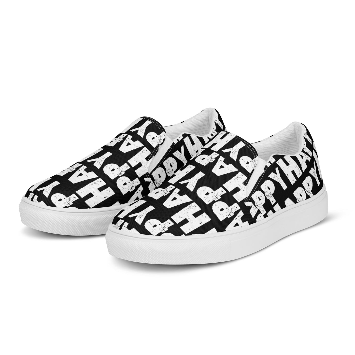 Front left view Mens Sneakers black shoes white Happy Sponge Print Slip on Shoes Rubber outsole HappyStuff brand Deck Shoes