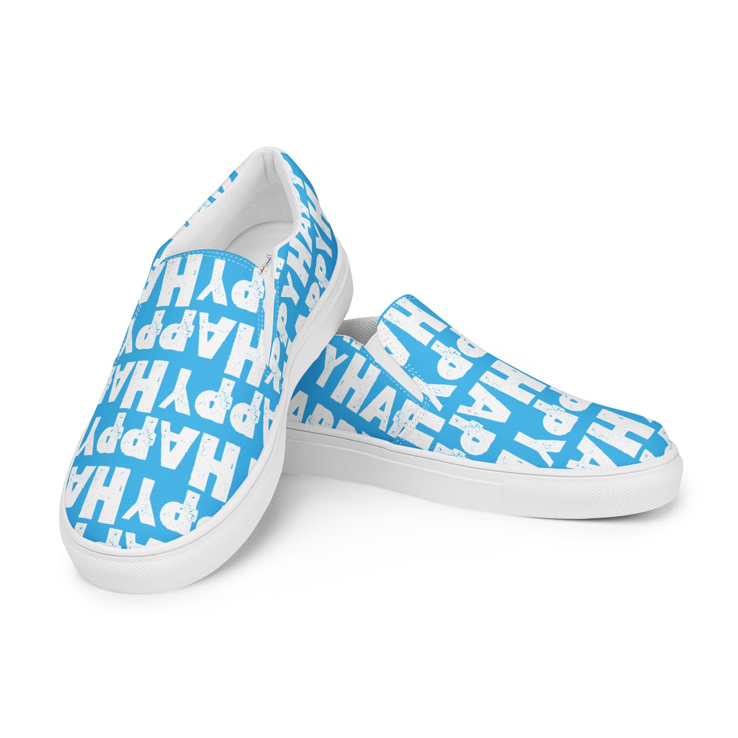 Mens Sneakers right shoe propped on left shoe blue and white Happy Sponge Print Slip on Shoes