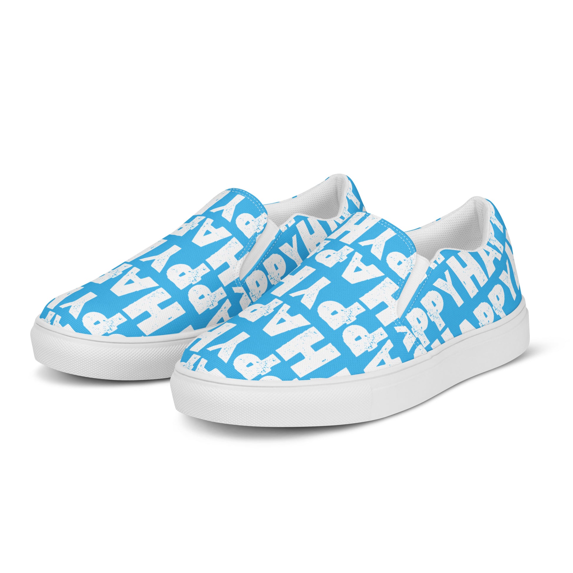 Front left view Mens Sneakers blue shoes white Happy Sponge Print Slip on Shoes Rubber outsole HappyStuff brand Deck Shoes