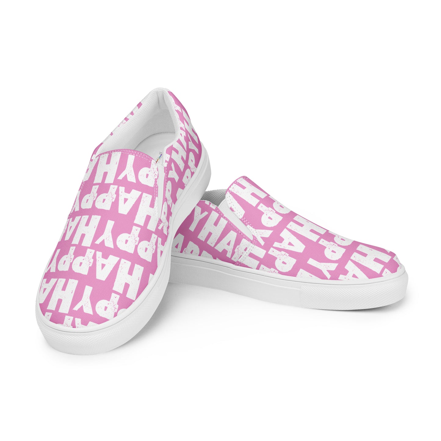 Mens Sneakers right shoe propped on left shoe pink and white Happy Sponge Print Slip on Shoes