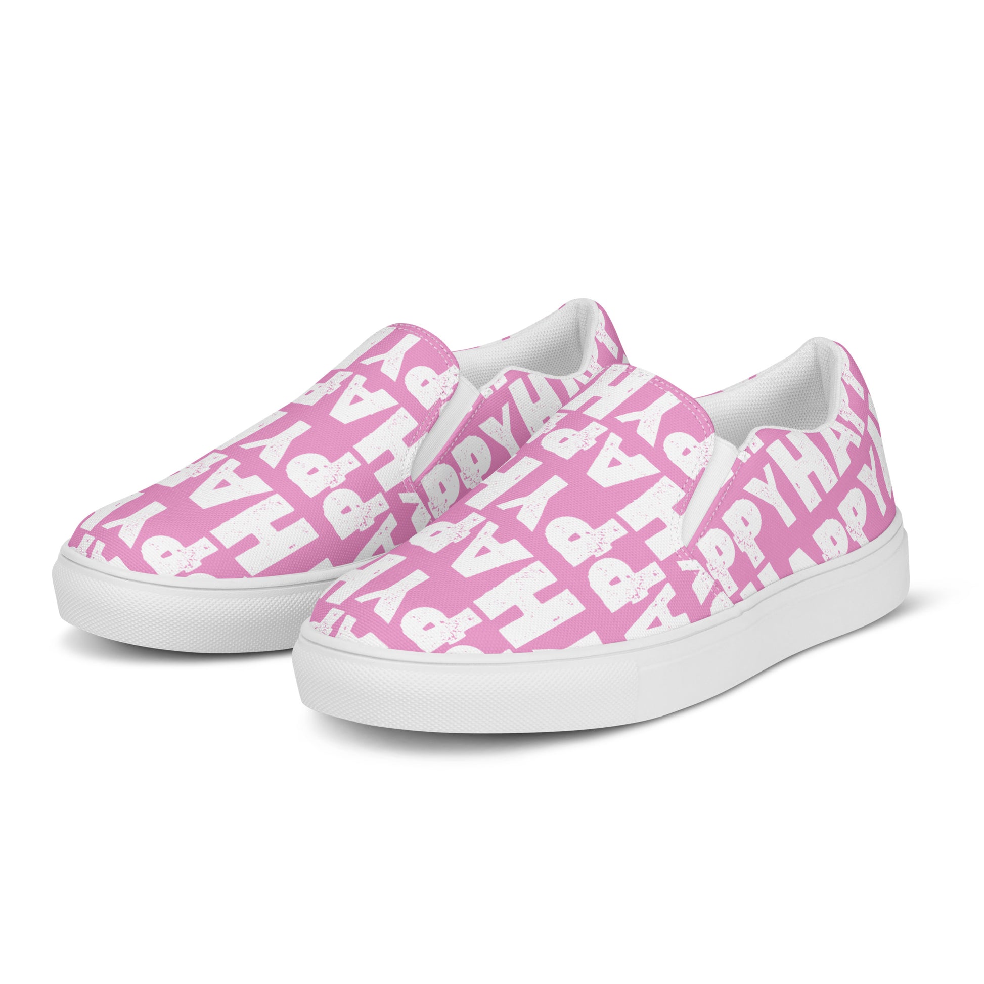 Front left view Mens Sneakers pink shoes white Happy Sponge Print Slip on Shoes Rubber outsole HappyStuff brand Deck Shoes