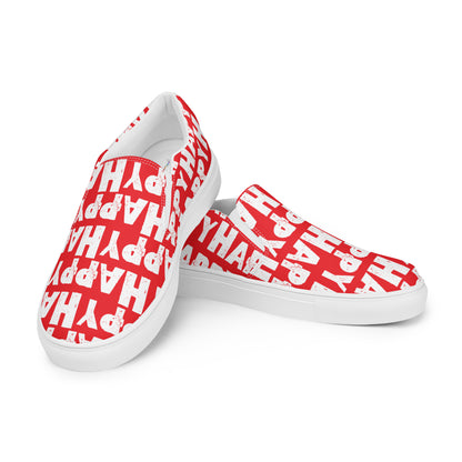 Mens Sneakers right shoe propped on left shoe red and white Happy Sponge Print Slip on Shoes