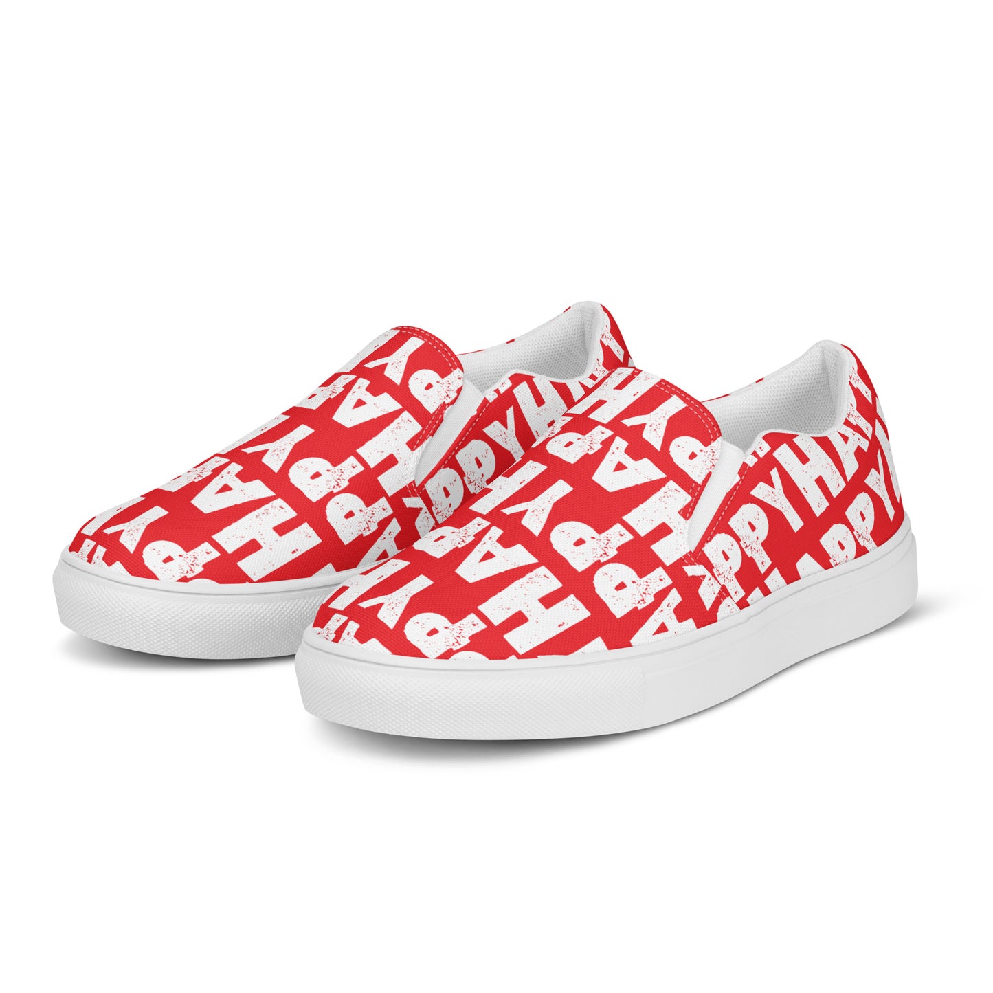 Front left view Mens Sneakers red shoes white Happy Sponge Print Slip on Shoes Rubber outsole HappyStuff brand Deck Shoes