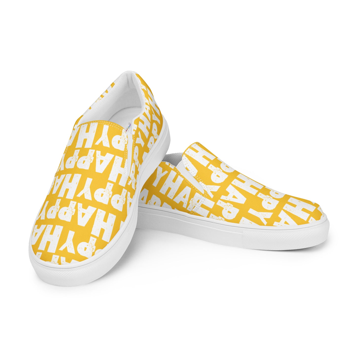 Mens Sneakers right shoe propped on left shoe yellow and white Happy Sponge Print Slip on Shoes