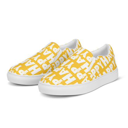 Front left view Mens Sneakers yellow shoes white Happy Sponge Print Slip on Shoes Rubber outsole HappyStuff brand Deck Shoes