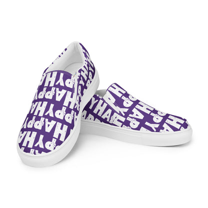 Mens Sneakers right shoe propped on left shoe purple and white Happy Sponge Print Slip on Shoes