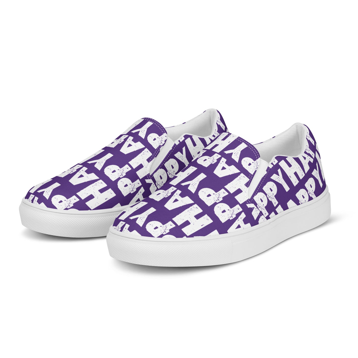 Front left view Mens Sneakers purple shoes white Happy Sponge Print Slip on Shoes Rubber outsole HappyStuff brand Deck Shoes