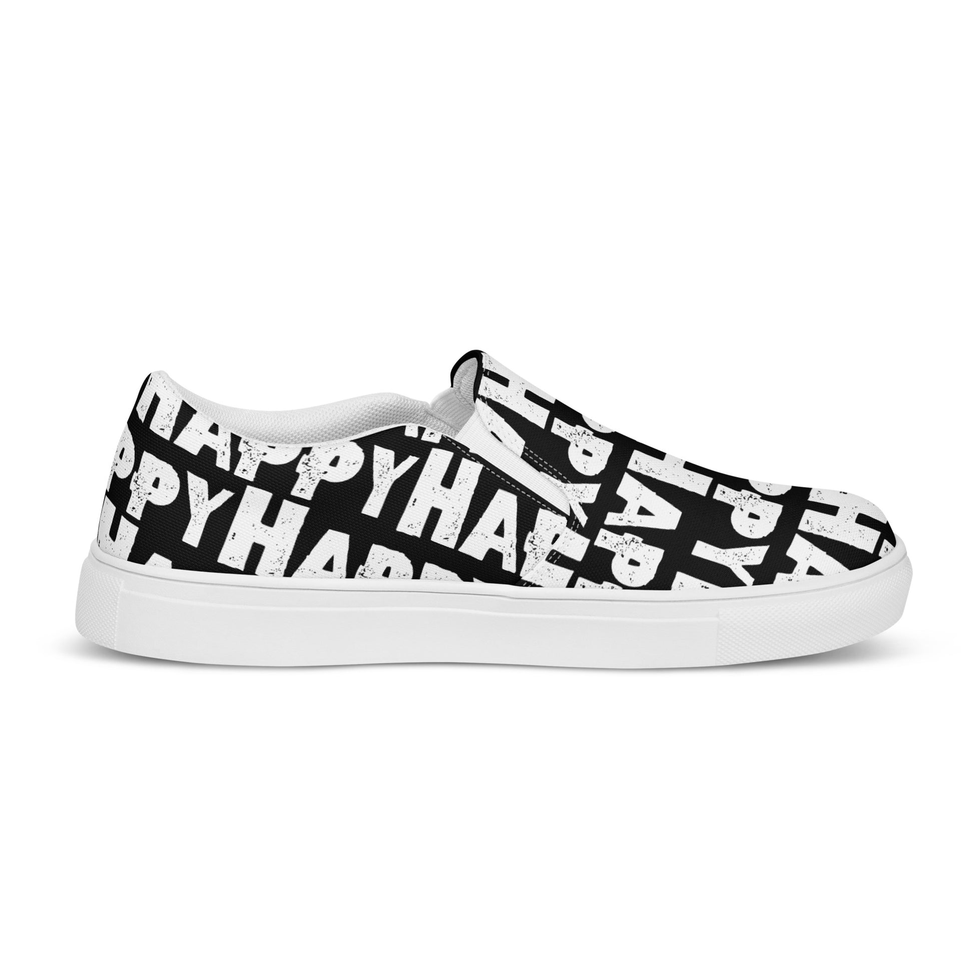 Happy Shoes Mens Slip on Shoes inside view left shoe black and white Happy Sponge Print Deck Shoes HappyStuff brand