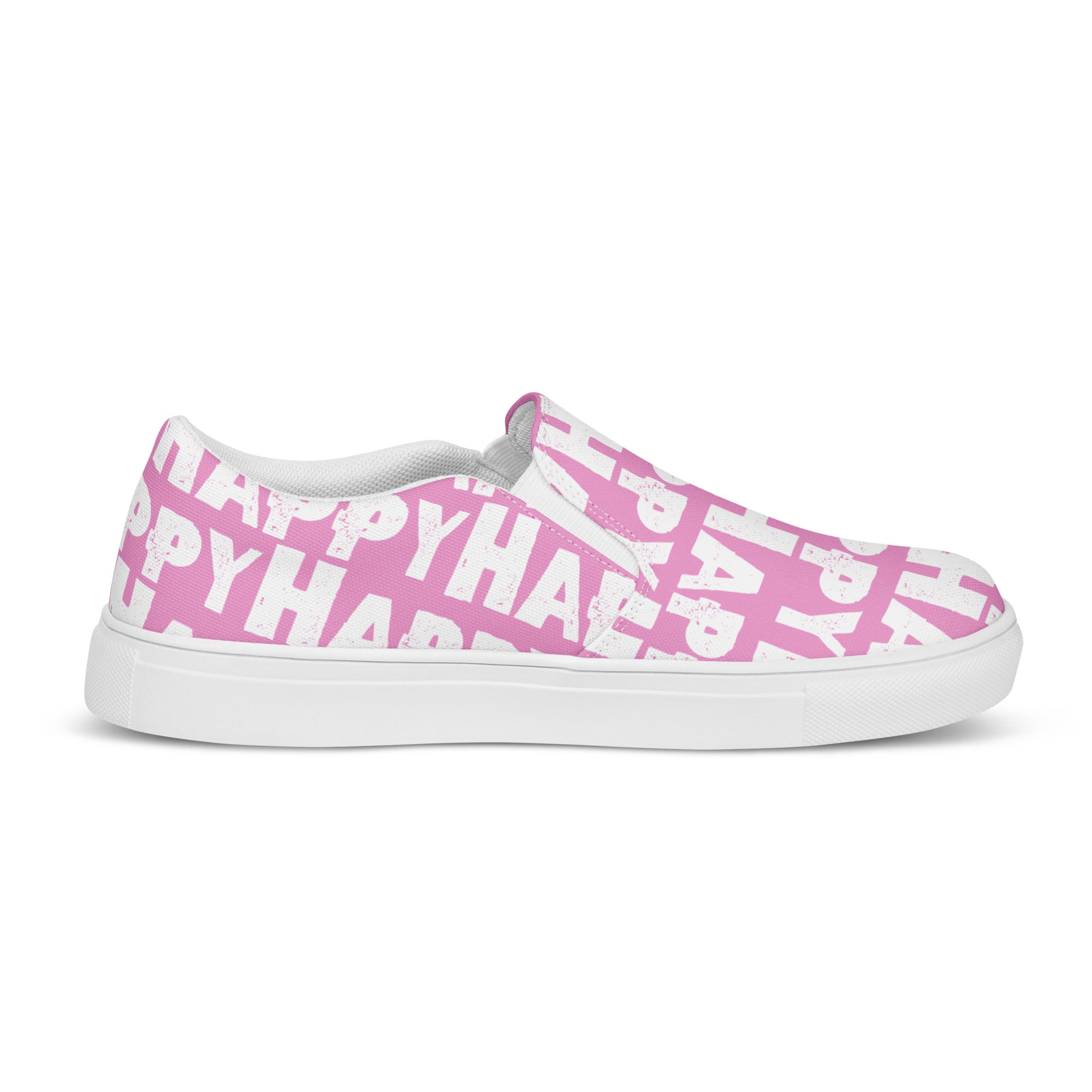 Happy Shoes Mens Slip on Shoes inside view left shoe pink and white Happy Sponge Print Deck Shoes HappyStuff brand