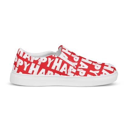 Happy Shoes Mens Slip on Shoes inside view left shoe red and white Happy Sponge Print Deck Shoes HappyStuff brand