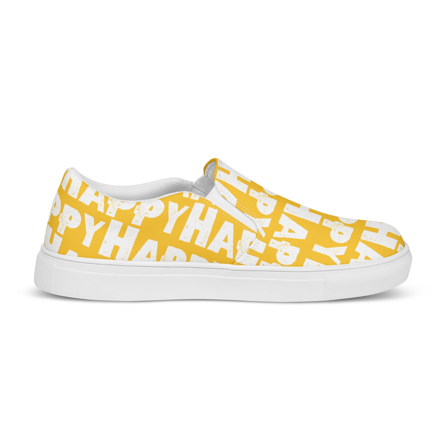 Happy Shoes Mens Slip on Shoes inside view left shoe yellow and white Happy Sponge Print Deck Shoes HappyStuff brand