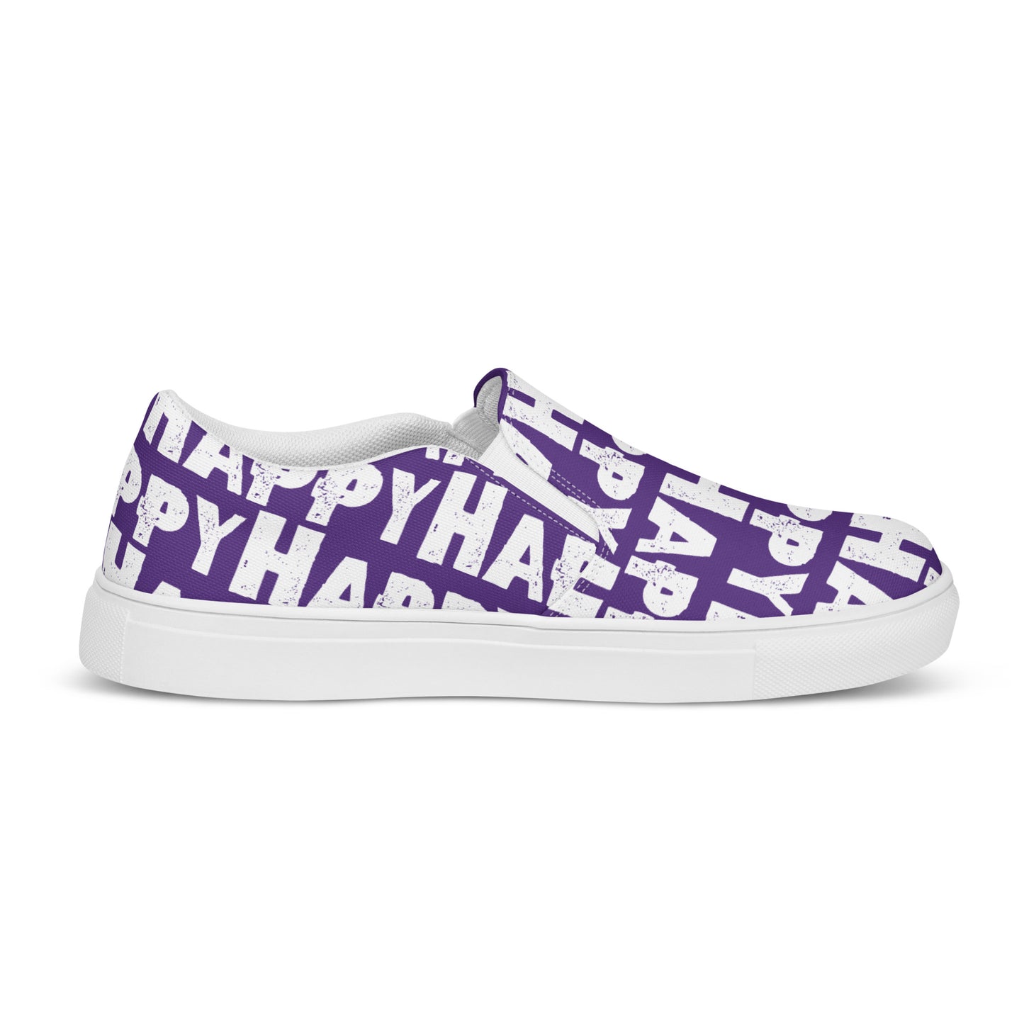 Happy Shoes Mens Slip on Shoes inside view left shoe purple and white Happy Sponge Print Deck Shoes HappyStuff brand