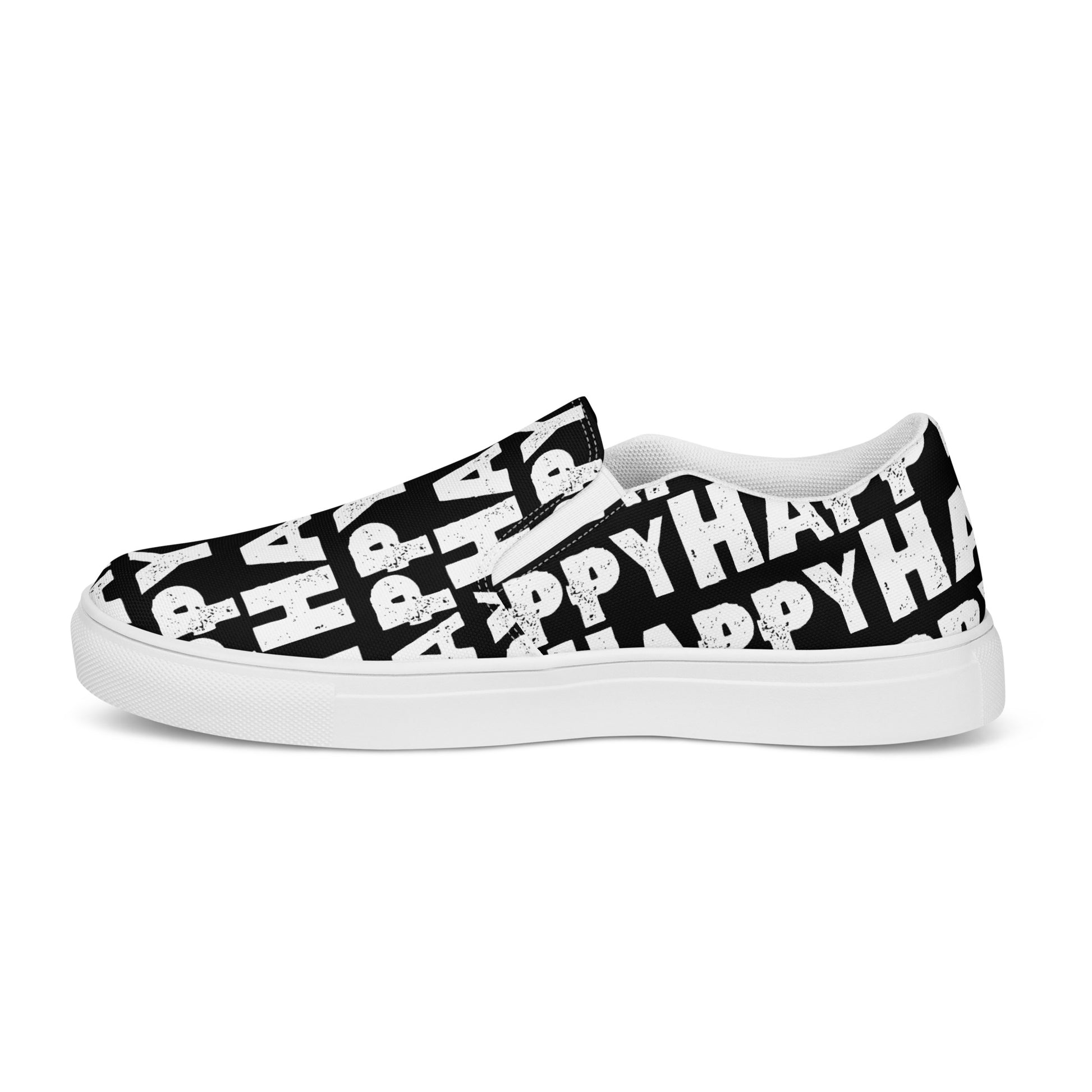 Happy Shoes Mens Slip on Shoes outside view left shoe black and white Happy Sponge Print Deck Shoes HappyStuff brand