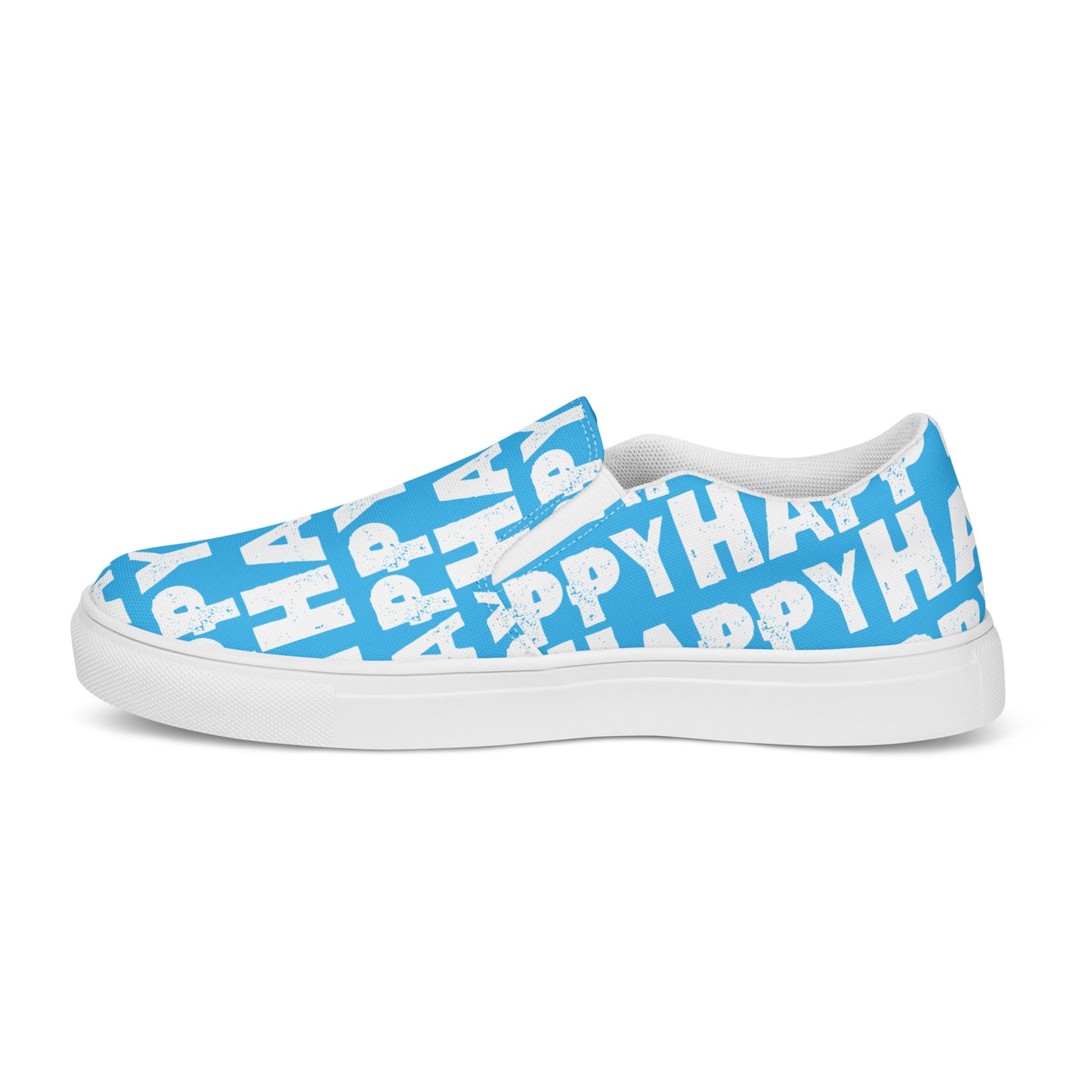 Happy Shoes Mens Slip on Shoes outside view left shoe blue and white Happy Sponge Print Deck Shoes HappyStuff brand