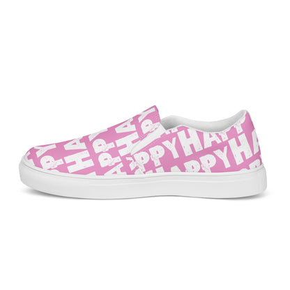 Happy Shoes Mens Slip on Shoes outside view left shoe pink and white Happy Sponge Print Deck Shoes HappyStuff brand